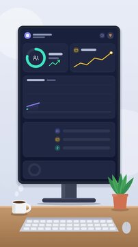 Animated KPI dashboard displaying data analysis on a computer monitor at a modern desk with a coffee cup and plant