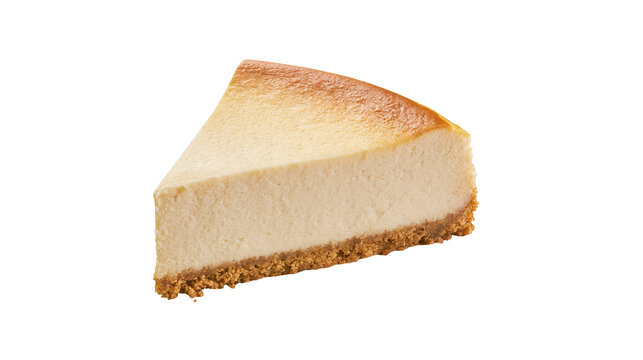 Single slice of creamy New York style cheesecake with a golden brown graham crust