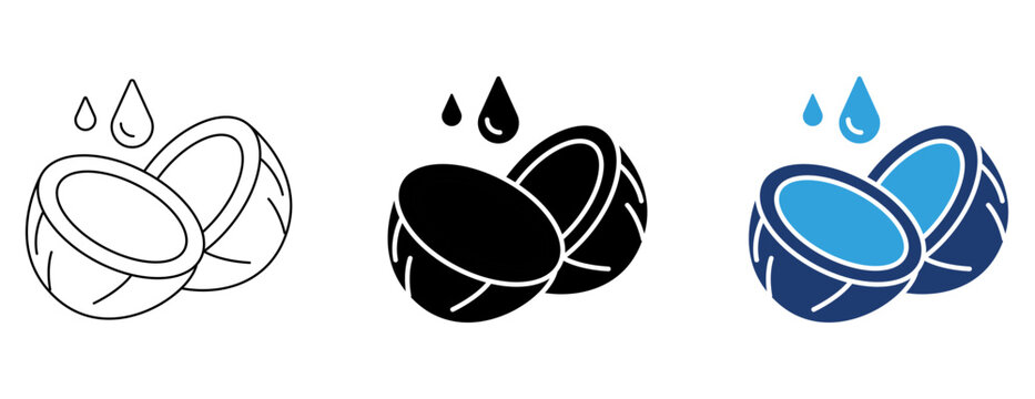 Coconut oil and water drop icon set with outline, solid, and duotone styles for natural skincare and cosmetic graphics.