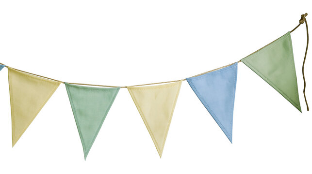 Pastel colored triangular fabric bunting flags hanging on a rustic twine rope