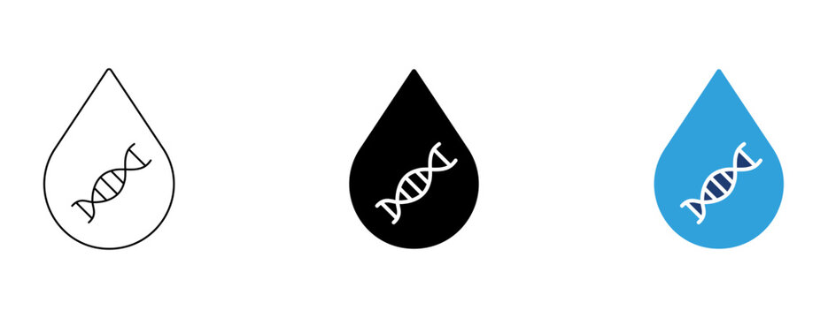 DNA inside water drop icon set with outline, solid, and colored styles for genetic research, biology, and scientific illustrations.