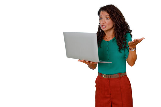 Frustrated woman holding laptop shrugging, experiencing technology problems, stress, and confusion with online work