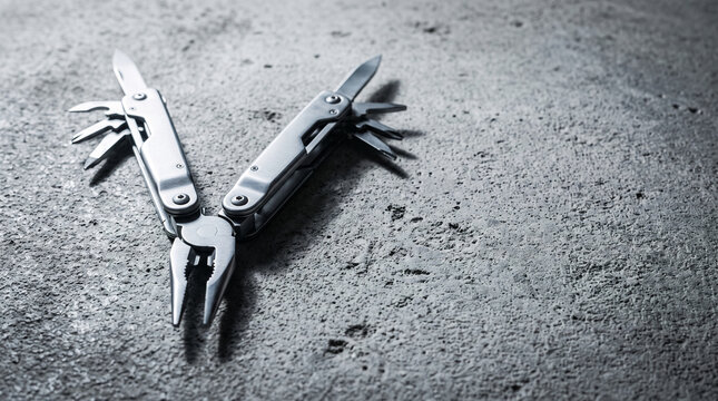 Stainless Steel Multitool Pliers Knife Open on Concrete