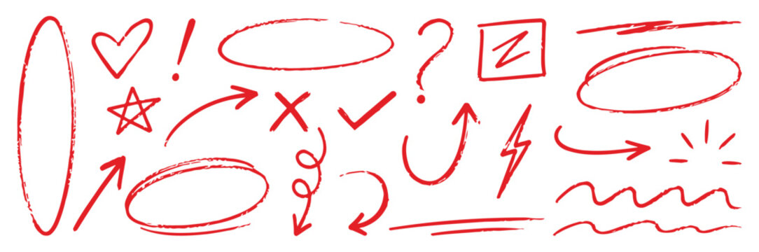 Red Hand Drawn Doodle Elements Set, Pencil Arrows, Oval Highlights, Check Marks, Underlines, Strikethroughs, Grunge Marker Sketch Vector Illustration