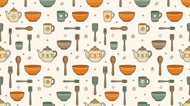 Seamless pattern of kitchen utensils and pottery items including bowls teapots cups forks and spoons arranged in a playful and