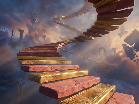 Surreal golden staircase floating in clouds with ancient stone ruins