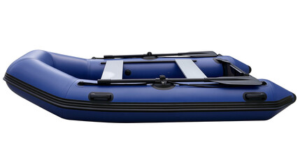 Blue inflatable rubber boat with black oars and grey bench seats © Aisling