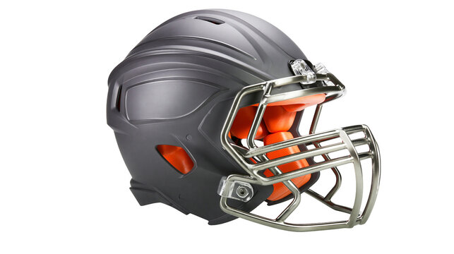 Matte grey American football helmet with metallic face mask and orange padding