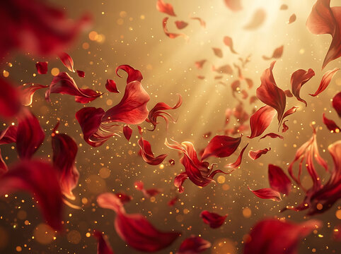 Red rose petals falling in golden light background for romantic