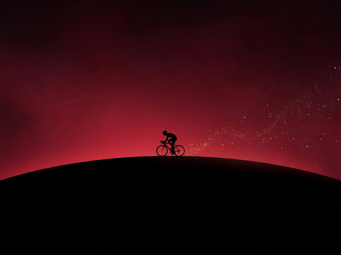 Silhouette of a cyclist riding a bicycle on a hill against a dramatic