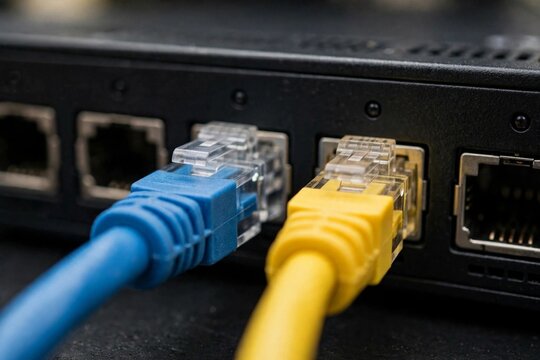 Ethernet Network Cables Plugged Into Switch Close Up Photo