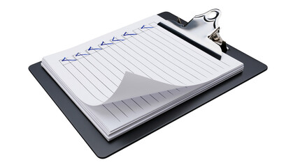 Black plastic clipboard with a stack of lined white paper sheets and metal clip © Aisling