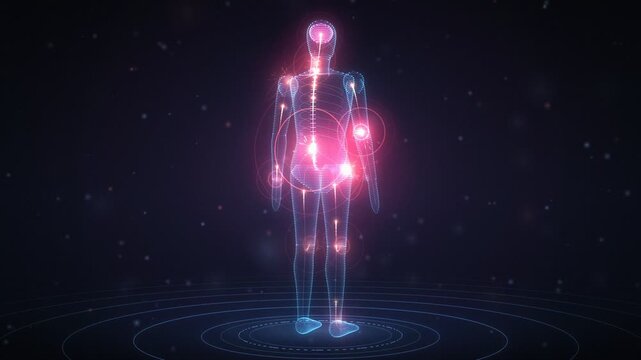 Chronic Pain Concept Rotating Holographic Human Body With Throbbing Red Pain Points And Nerve Signals