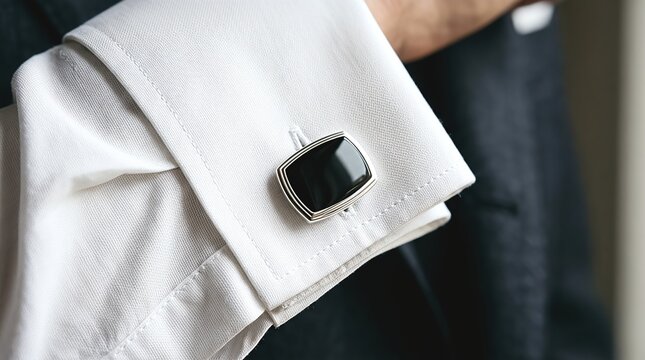 Close-up of elegant black onyx cufflink on a white french cuff shirt.