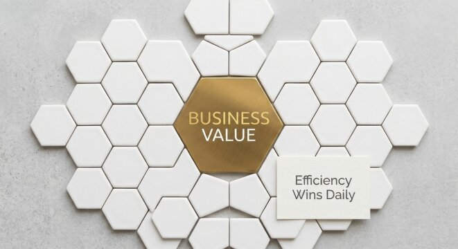 Gold Hexagon with Business Value Text Surrounded by White Hexagons and Efficiency Card