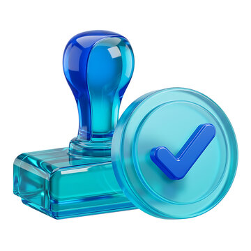 Blue glass rubber stamp with a check mark symbol isolated on white background
