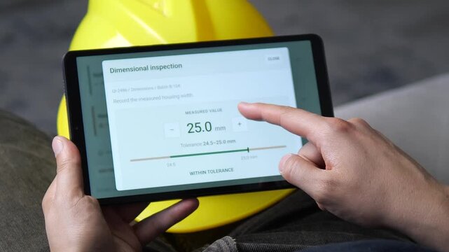 Technician records an out-of-tolerance measurement on a tablet during digital manufacturing inspection, documenting a dimensional defect in a precision component.