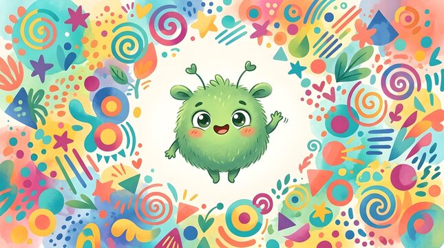 Cute little green monster waving surrounded by colorful abstract watercolor shapes and doodles
