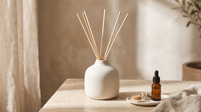 Minimalist reed diffuser and essential oil bottle in a serene home setting