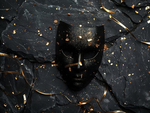  Elegant black carnival mask with golden glitter flakes on dark slate stone background flat lay mysterious masquerade venetian party decor with gold ribbons new year eve celebration