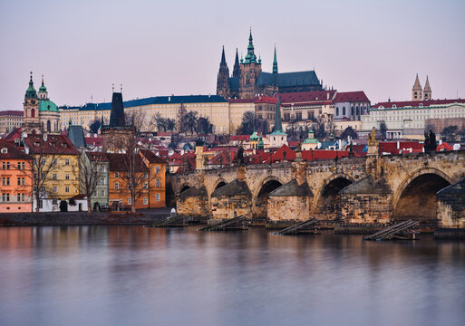 St Vitus Cathedral above Charles Bridge in Prague at twilight
