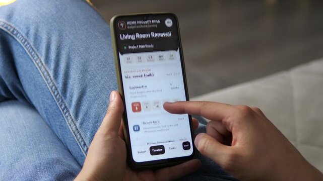 Homeowner reviews a completed renovation checklist and switches to the project timeline on a smartphone, showing structured planning before construction begins.
