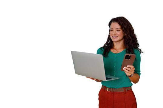 Woman working with laptop and smartphone, multitasking and connecting online, transparent background