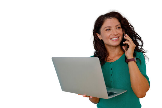 Woman communicating with a cell phone and using a laptop, showing business communication and remote work. Transparent background