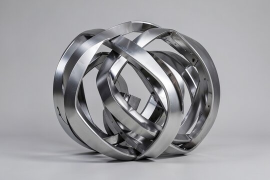 Metal abstract sculpture made of intertwined stainless steel strips on a gray background