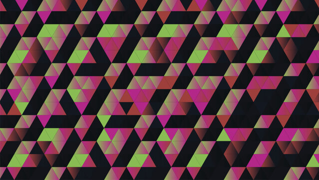 abstract geometric triangle pattern with colorful green magenta gradients on dark background