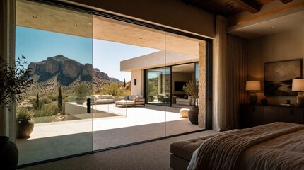 Fototapeta premium Modern master bedroom features large sliding glass doors opening to private balcony. Luxury residence offers seamless indoor outdoor living with mountain view. Sunny terrace with patio furniture