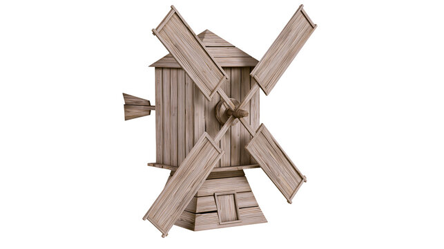 Rustic wooden windmill with rotating blades and plank construction