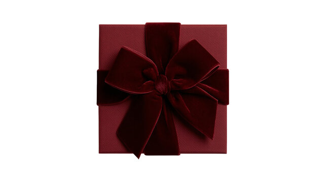 Square dark red gift box with a large elegant velvet ribbon bow