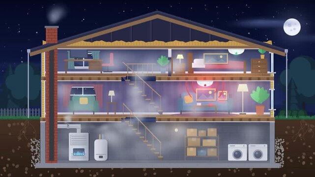 Carbon monoxide leak from a home furnace triggers ceiling CO detectors in a house cross-section, flat 4K animation