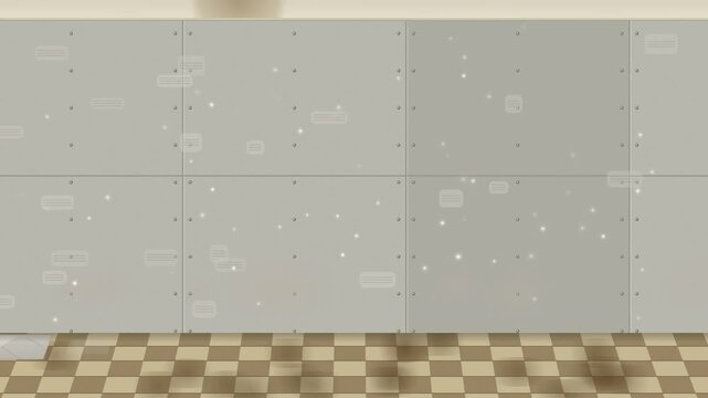 Bathroom remodel before and after, old tiles fall off and new walk-in shower and vanity appear, 4K animation
