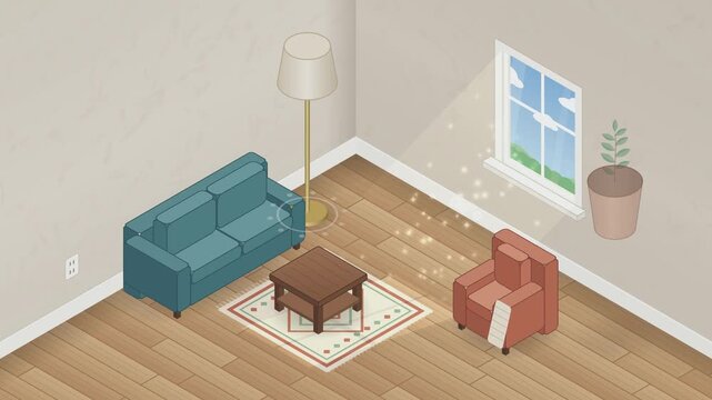 Home staging animation, empty living room gets furnished with sofa, rug, lamp and plant, isometric 4K