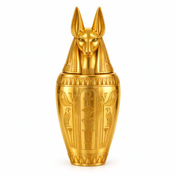 Golden ancient Egyptian canopic jar with jackal-headed Anubis lid on white background