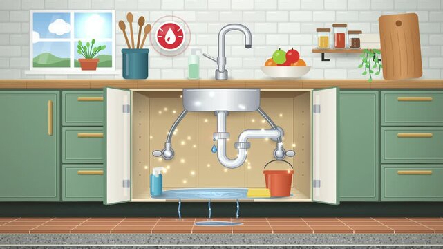 Leaking sink trap drips into a kitchen cabinet and onto the floor, fixed with a wrench, plumbing repair 4K animation