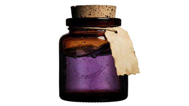A vintage glass apothecary jar filled with a mysterious purple liquid, sealed with a cork stopper and featuring a blank, aged parchment tag tied around its neck