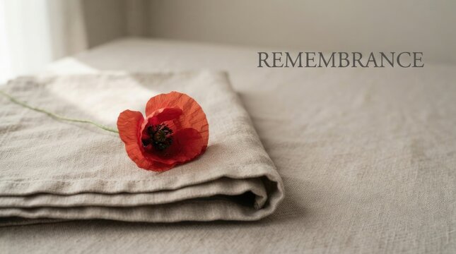 Single red poppy lying on folded beige linen textile for remembrance day commemoration with soft neutral studio lighting.