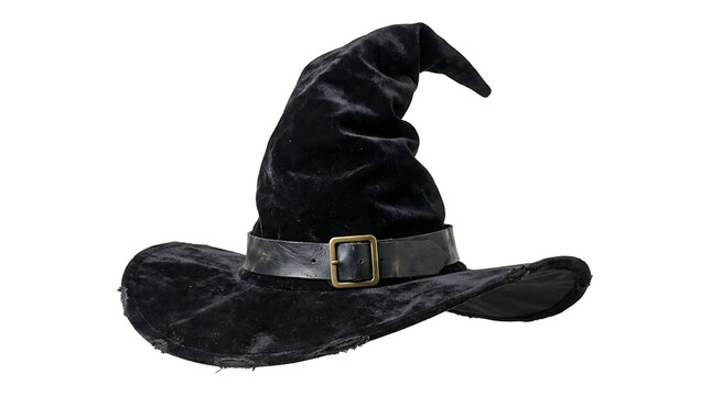 Black velvet witch hat with a leather belt and bronze buckle, classic costume accessory for halloween parties and magical themed events, isolated on white background