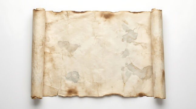 Old vintage paper scroll with burnt edges and stains, isolated on white background