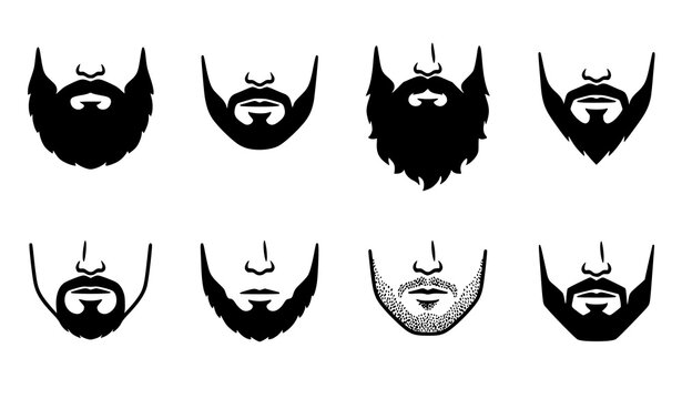 Black Beard and Mustache Design Collection Featuring Various Masculine Facial Hair Shapes, Goatees and Grooming Styles