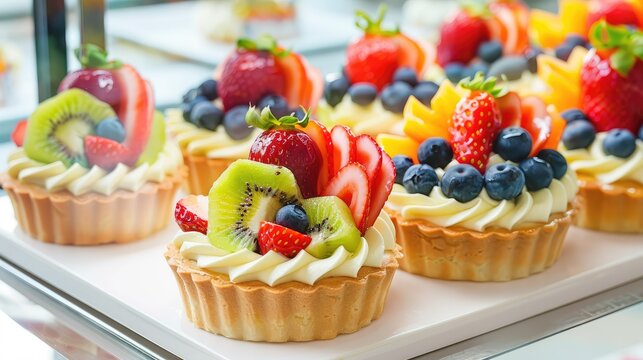 Colorful Fruit Tarts with Creamy Frosting and Fresh Berries Displayed in a Bakery Case