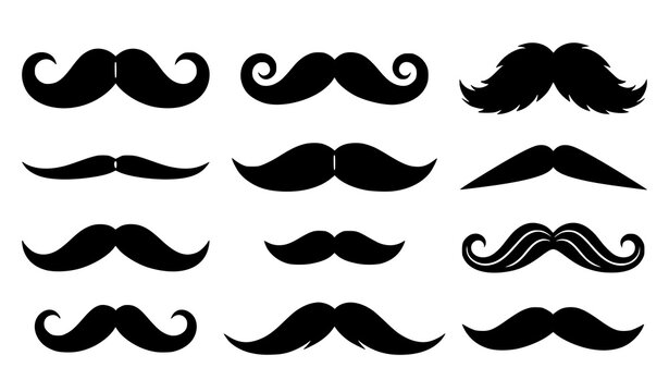 Set of Black Mustache Silhouettes Featuring Various Curved, Thick, Thin and Decorative Vintage Moustache Styles
