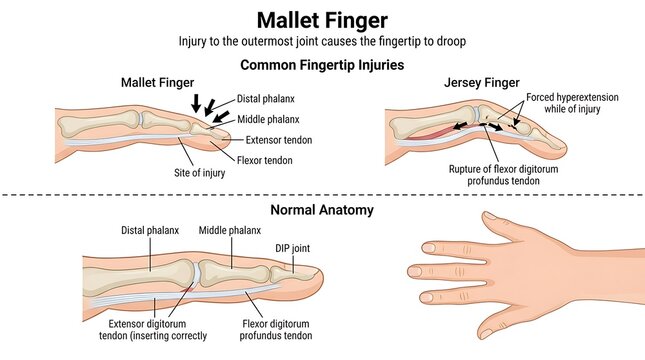 Infographic showing common fingertip injuries including mallet finger and jersey anatomy with injury tendon hand medicine orthopedic conditions medical infogr