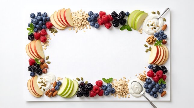 Healthy Breakfast Frame with Fresh Fruits and Grains.