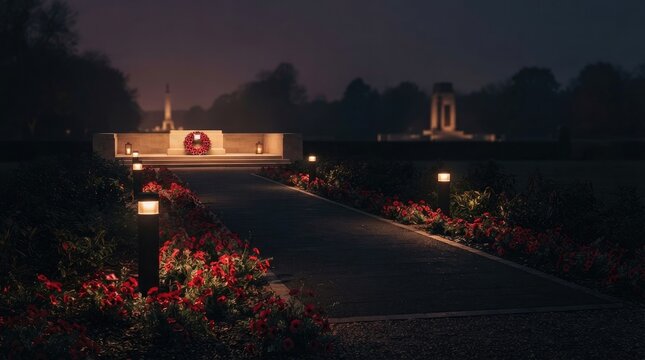Illuminated stone war memorial with poppy wreaths and garden pathway at night for veterans remembrance day ceremony.