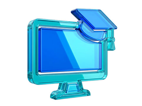 Blue glass computer monitor icon with a graduation cap for online education