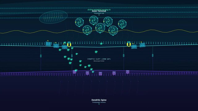 Educational animation detailing the mechanism of SSRI molecules at the synaptic cleft blocking serotonin reuptake to promote neuroplastic growth and mood stability between the axon terminal and spine